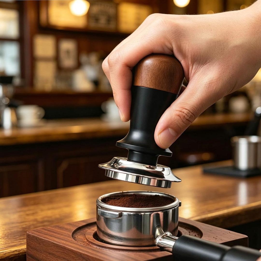 Tamper 58mm Selbstnivellierend Edelstahl Walnussholz Kaffeestampfer