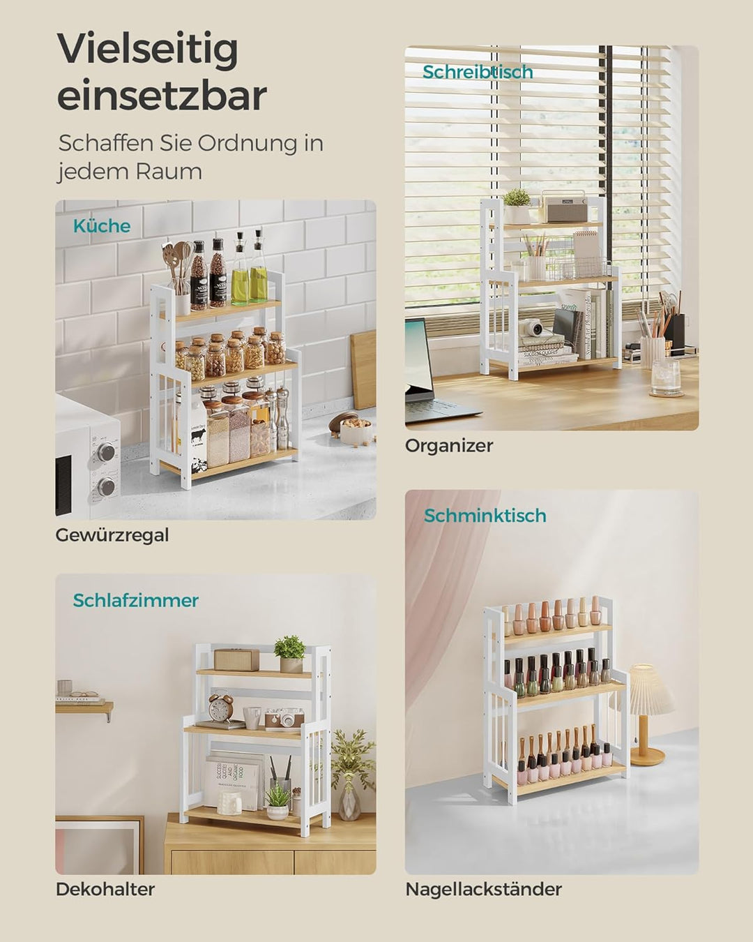 SONGMICS Gewürzregal mit 3 Ebenen, Küchenregal, Aufbewahrungsregal, für Arbeitsplatte, Bambusgestell