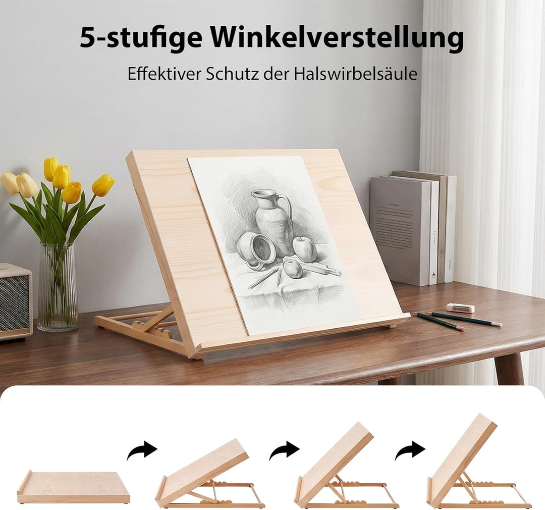 Zeichenbrett Staffelei, A2 Tischstaffelei Workstation 65x51cm aus Buchenholz, 5 Verschiedene Winkel,