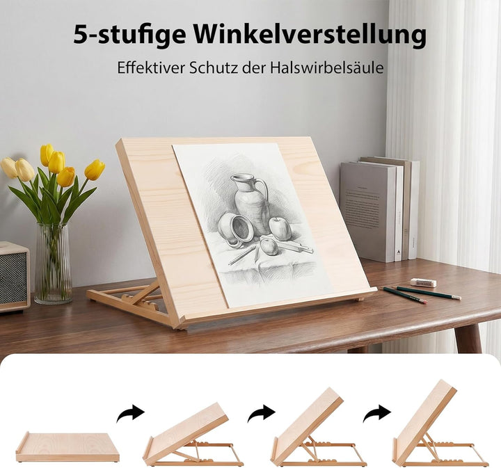 Zeichenbrett Staffelei, A2 Tischstaffelei Workstation 65x51cm aus Buchenholz, 5 Verschiedene Winkel,