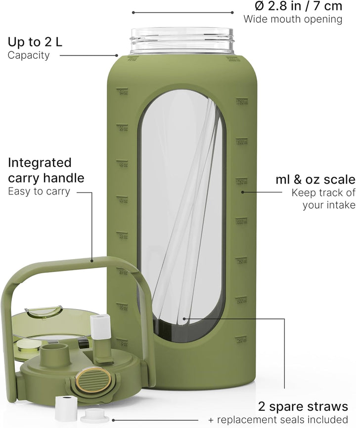 spottle Glasflasche 2 Liter - Trinkflasche 2L Glas mit Strohhalm - Grosse Wasserflasche mit Schutzhü