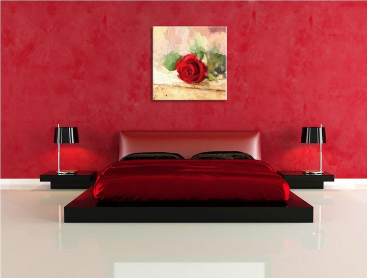 Pixxprint Rote Rose auf altem Holztisch, Format: 70x70 auf Leinwand, 70x70