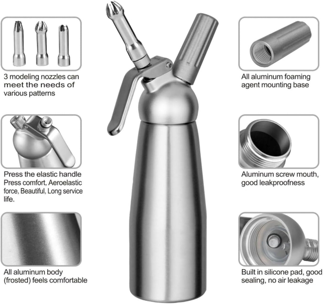 Fockety Professioneller Schlagsahne -Spender, 500 Ml Aluminiumcreme Whipper mit 3 Dekorationsdüsen u