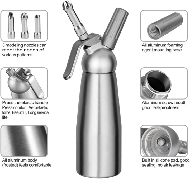 Fockety Professioneller Schlagsahne -Spender, 500 Ml Aluminiumcreme Whipper mit 3 Dekorationsdüsen u