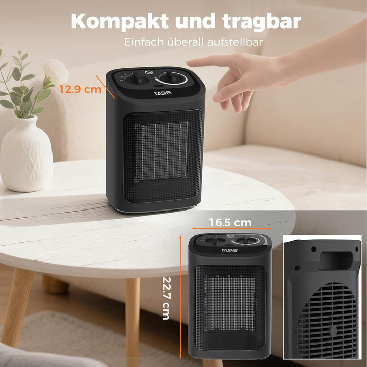 YASHE Elektroheizkörper 1500W, PTC Keramik Heizlüfter mit Thermostat, 2 Heizstufen + Ventilatormodus