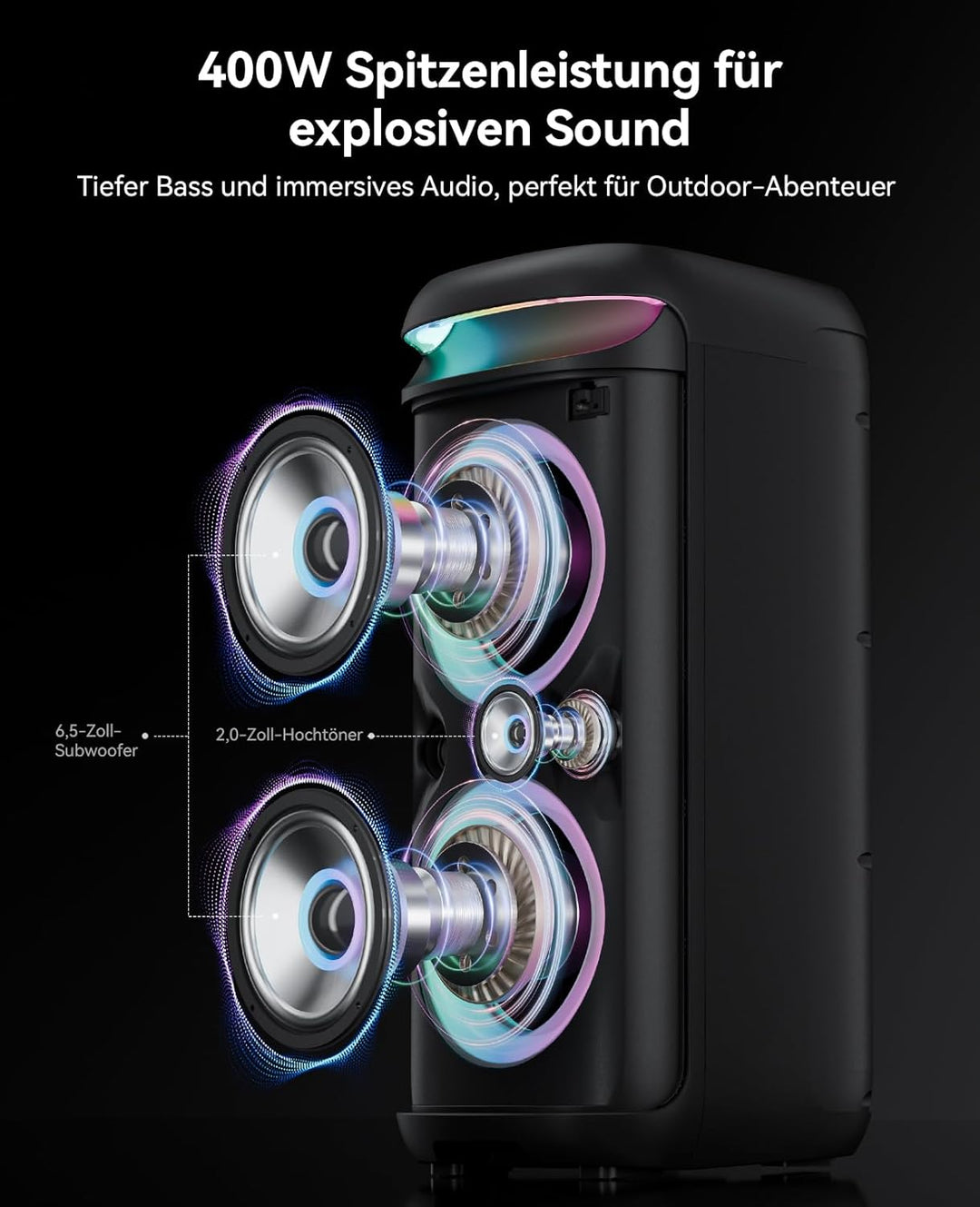 GKD60 Karaoke Maschine mit 2 Mikrofonen 4-13 Stunden Akkulaufzeit Karaoke Anlage 500W Spitzenleistun