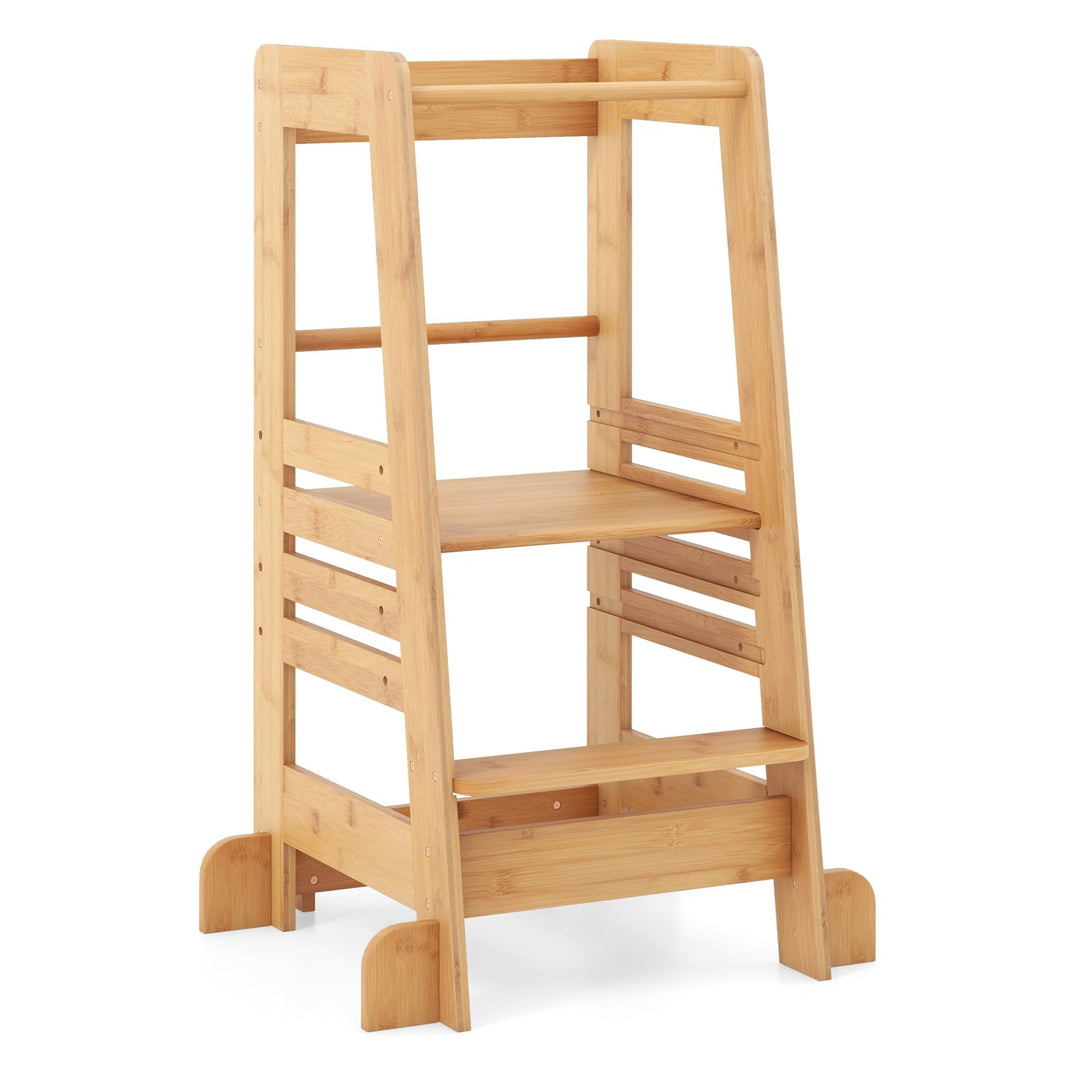 DREAMADE Lernturm für Kleinkinder, Lernstuhl aus Bambus mit 4-stufig höhenverstellbar, Tritthocker m