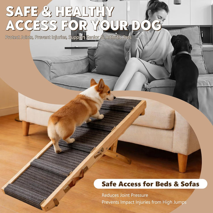 Hunderampe aus Holz, Hundetreppe 4 Stufen Verstellbar 23cm bis 46cm, verstellbare Rampe Hund für Sof