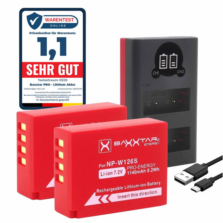 Baxxtar Pro NP-W126s NP-W126 Akku-Pack für Fuji mit Mini Lader 18612 LCD DUAL (Eingang USB-C und Mic