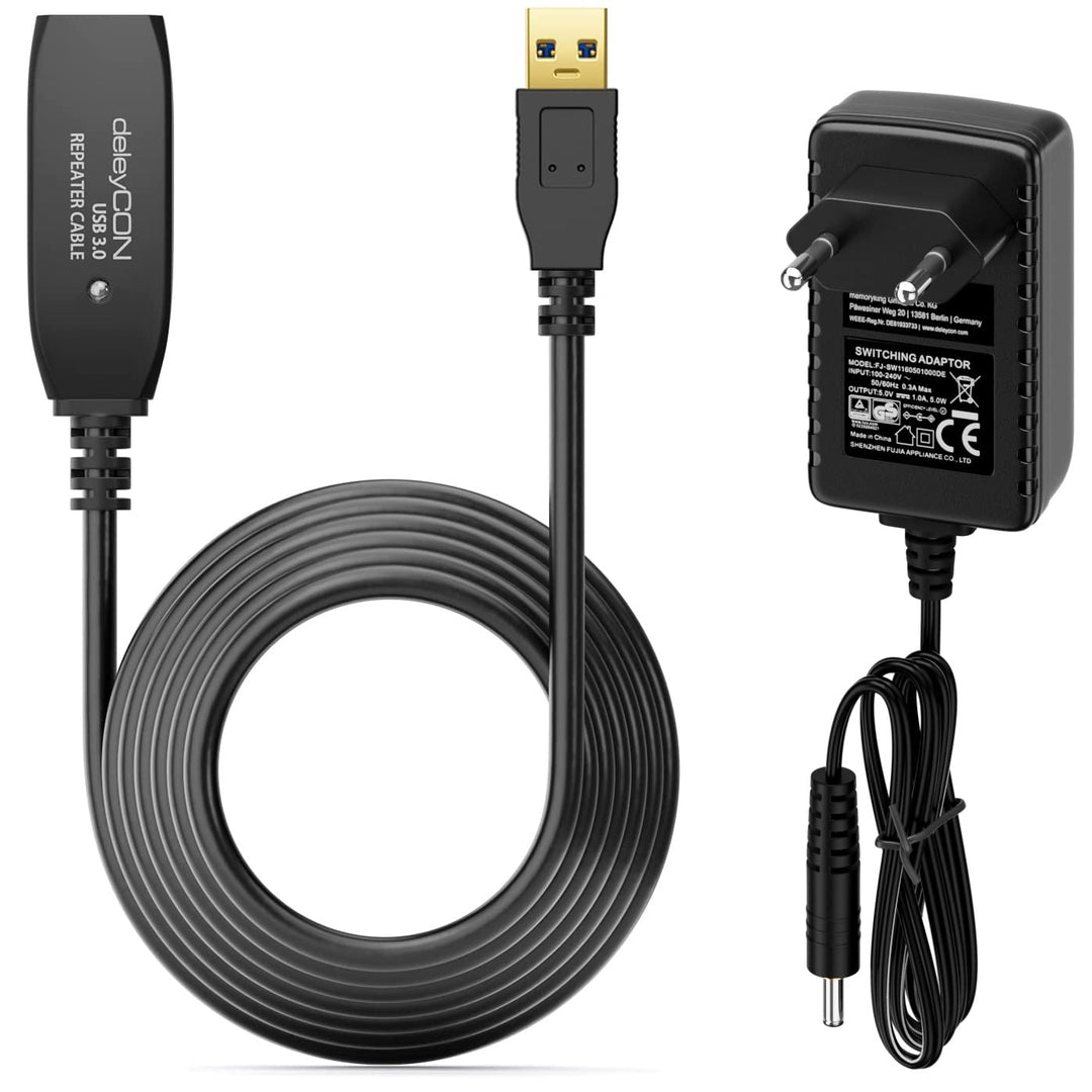 deleyCON 5m Aktives USB 3.0 Kabel Aktive Verlängerung mit 1 Signalverstärker &amp; Netzteil USB3.0 Repea
