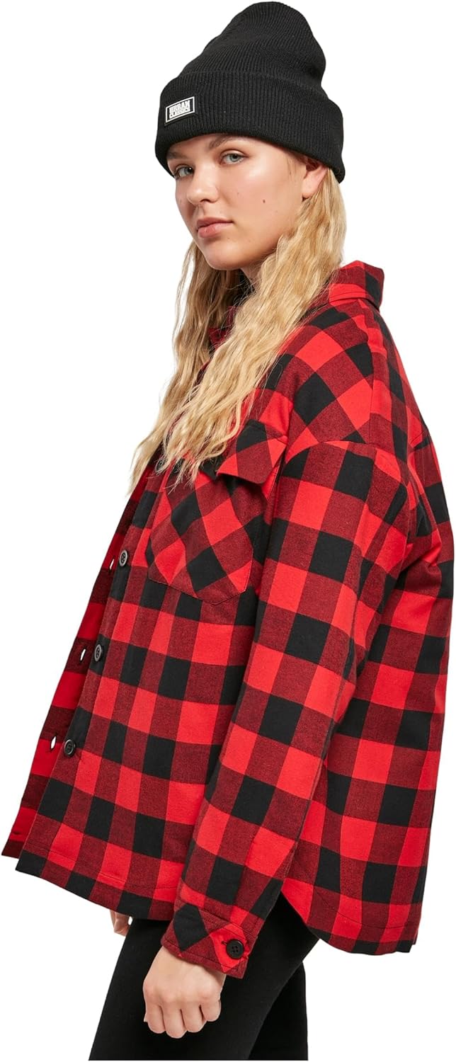 Urban Classics Damen Jacke Ladies Flanell Padded Overshirt, Frauen Hemdjacke in Holzfäller Karo, erh
