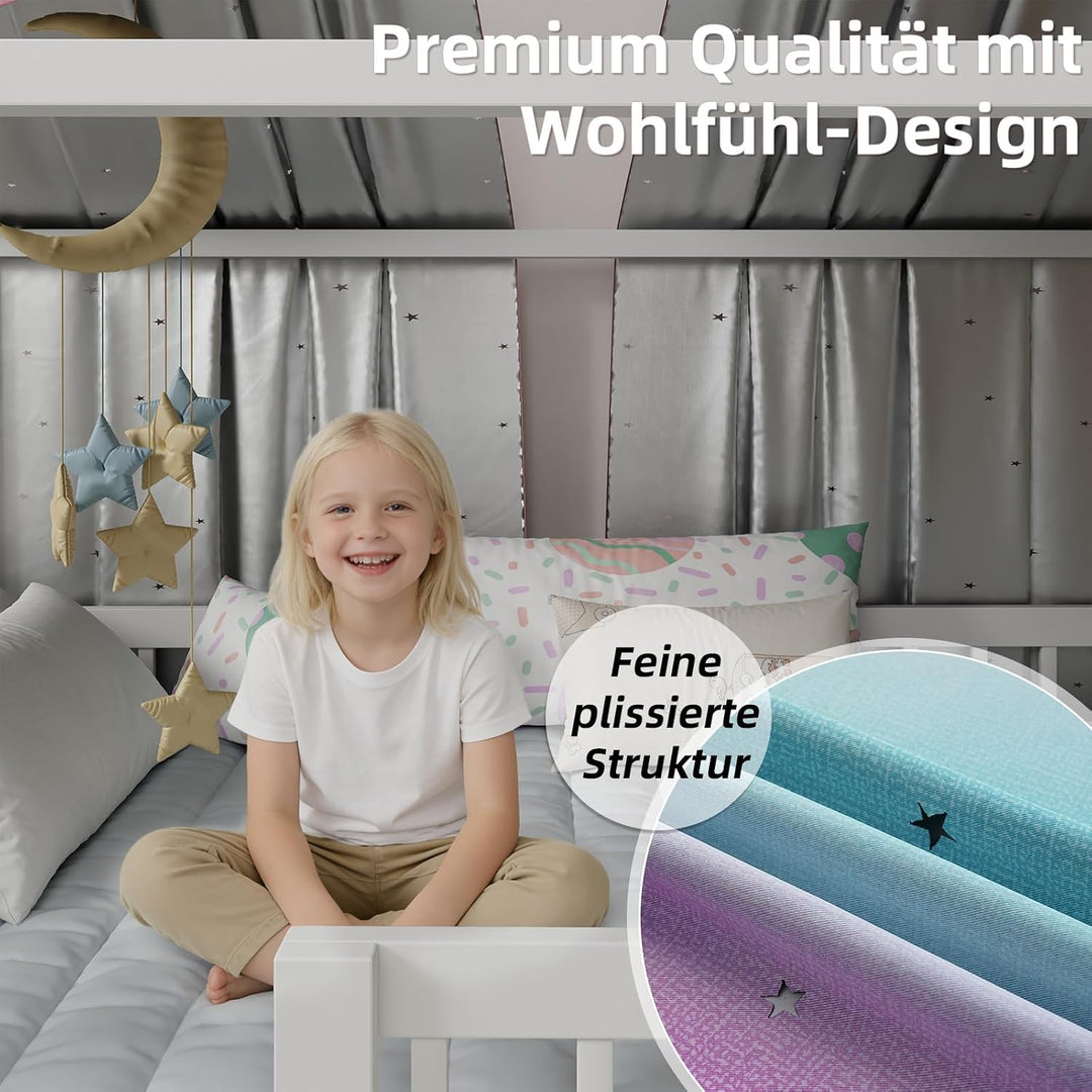 Hausbett Himmel, 2er Set Regenbogen Betthimmel Hausbett – mit ausgestanzten Sternen, Stoffhimmel für