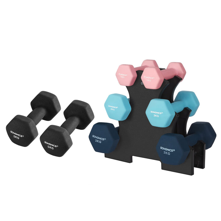 SONGMICS Hanteln, Hantelset 2 x 5 kg, Kurzhanteln mit Hantelständer 2 x 1 kg, 2 x 2 kg, 2 x 3 kg, Kr