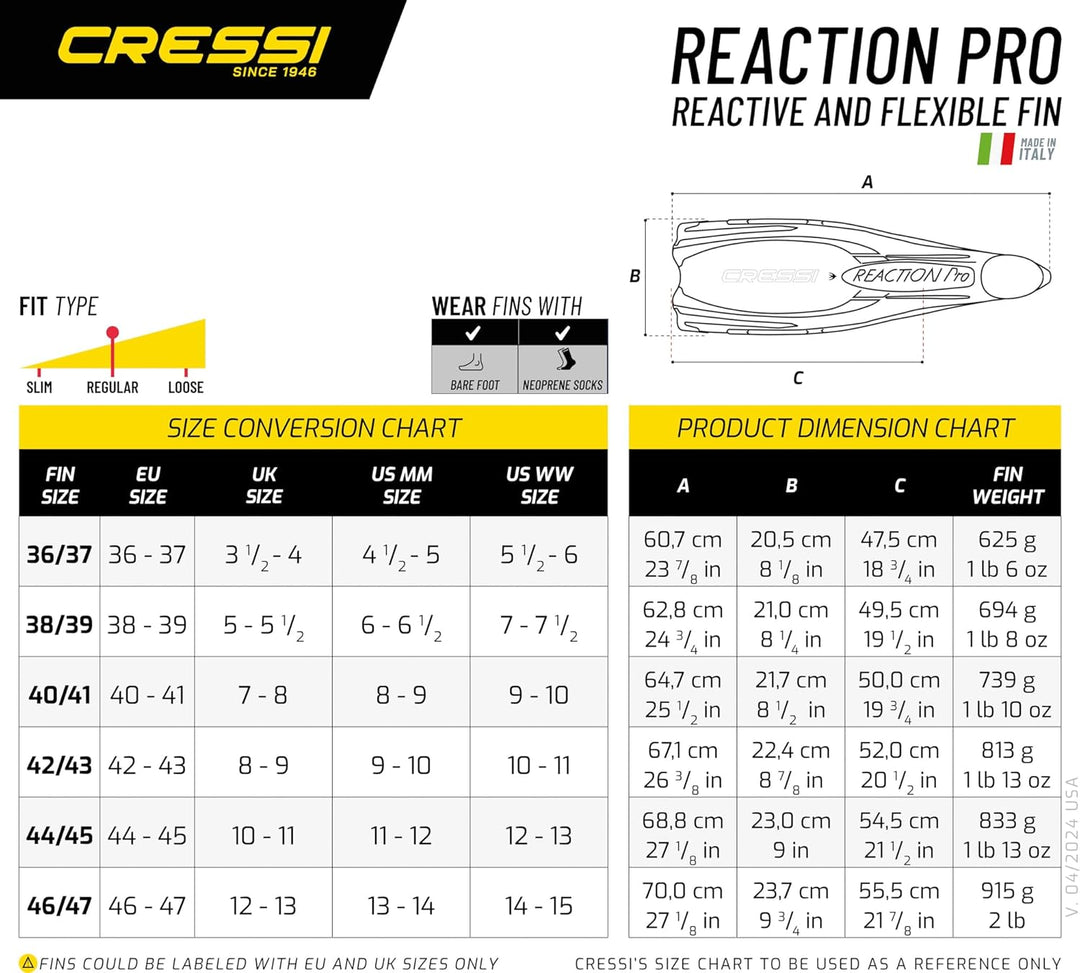 Cressi Reaction Pro Fins - Flossen zum Tauchen, Freitauchen und Schnorcheln, Adult Unisex 44/45 Schw