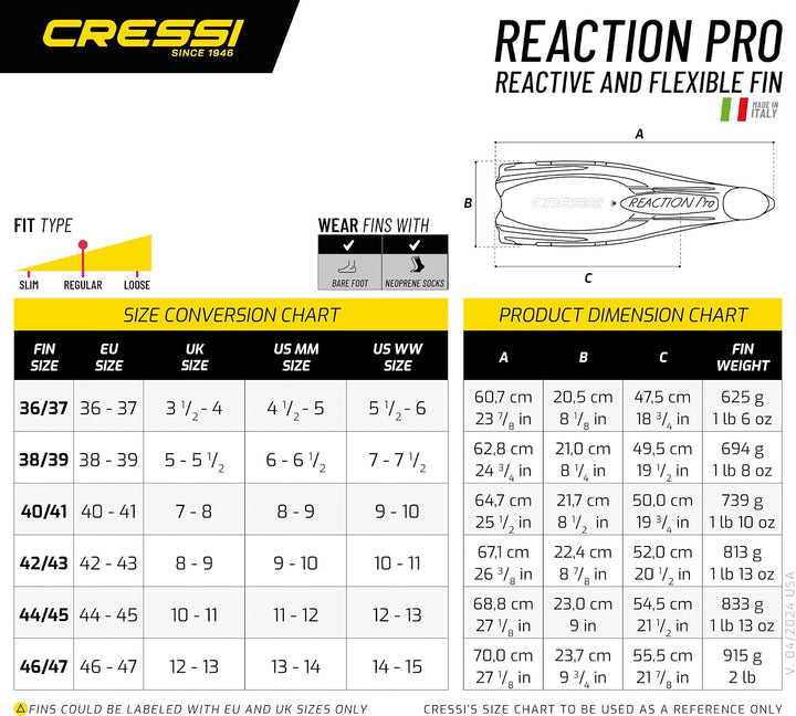 Cressi Reaction Pro Fins - Flossen zum Tauchen, Freitauchen und Schnorcheln, Adult Unisex 46/47 Schw