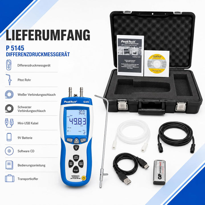PeakTech P 5145 2 in 1 Differenz-Druckmessgerät und Luftgeschwindigkeitsmesser mit Pitot Rohr, Diffe