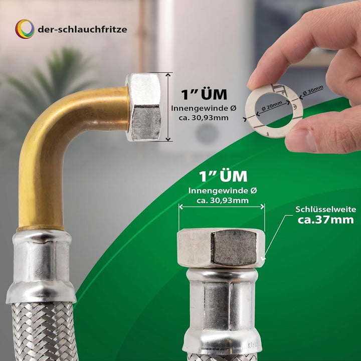 Flexschlauch 1"ÜM x 1" ÜM mit Bogen, hoch flexibler Panzerschlauch mit Trinkwasserzulassung 2,00m /