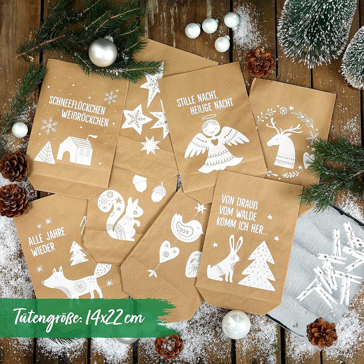 Papierdrachen Adventskalender 2025 zum Befüllen - 24 braune Papiertüten mit Zahlenaufklebern - Motiv