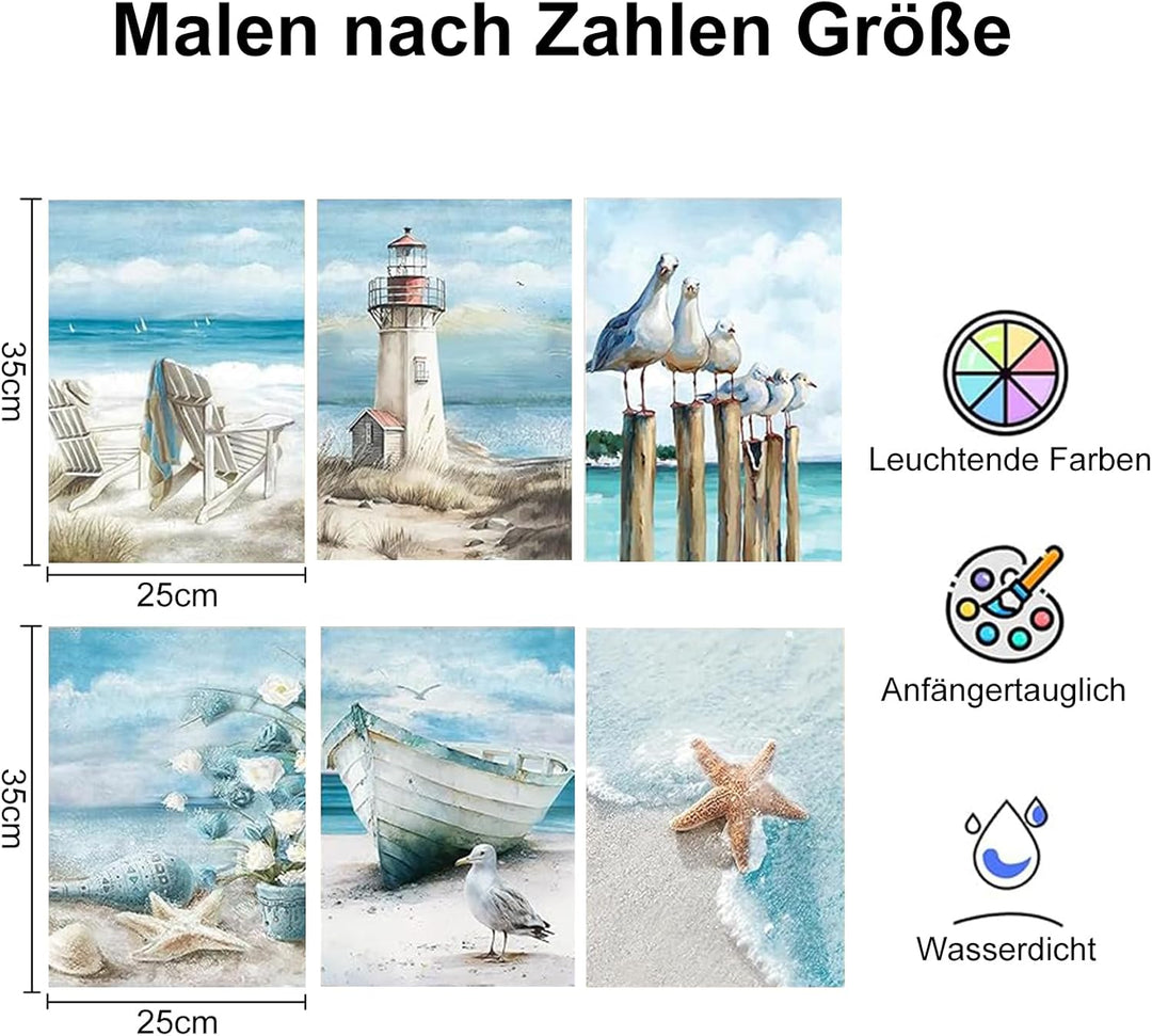 SASMoiyug 6 Stück Malen nach Zahlen Erwachsene, DIY am Meer Sandstrand Malen nach Zahlen Set Mit 6 P