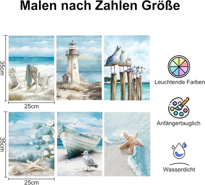 SASMoiyug 6 Stück Malen nach Zahlen Erwachsene, DIY am Meer Sandstrand Malen nach Zahlen Set Mit 6 P