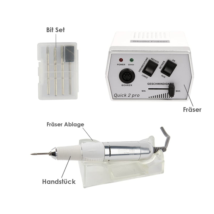 Emmi Nail Fräser Quick 2 Pro – Elektrischer Nagelfräser für Gelnägel &amp; Lack – Nagelfeile mit 4 Bits,
