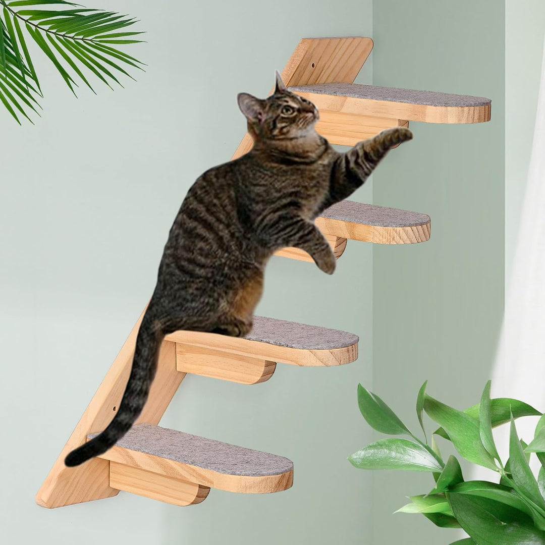 Wand Montierte Katze Kletterregal - Holz Vier Schritt Treppe Mit Plüsch Bedeckt - Möbel für Klettern