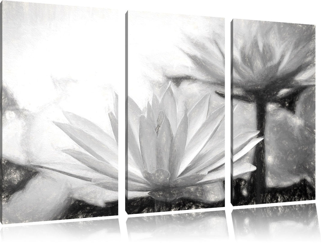 Pixxprint Lilafarbene Wasserlilie Kunst Kohle Effekt 3-Teiler Leinwandbild 120x80 Bild auf Leinwand