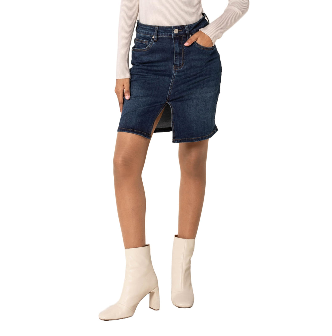 Nina Carter P213 Damen Kurzer Jeansrock mit Vorderem Schlitz Reissverschluss Stretch Used-Look Dunke