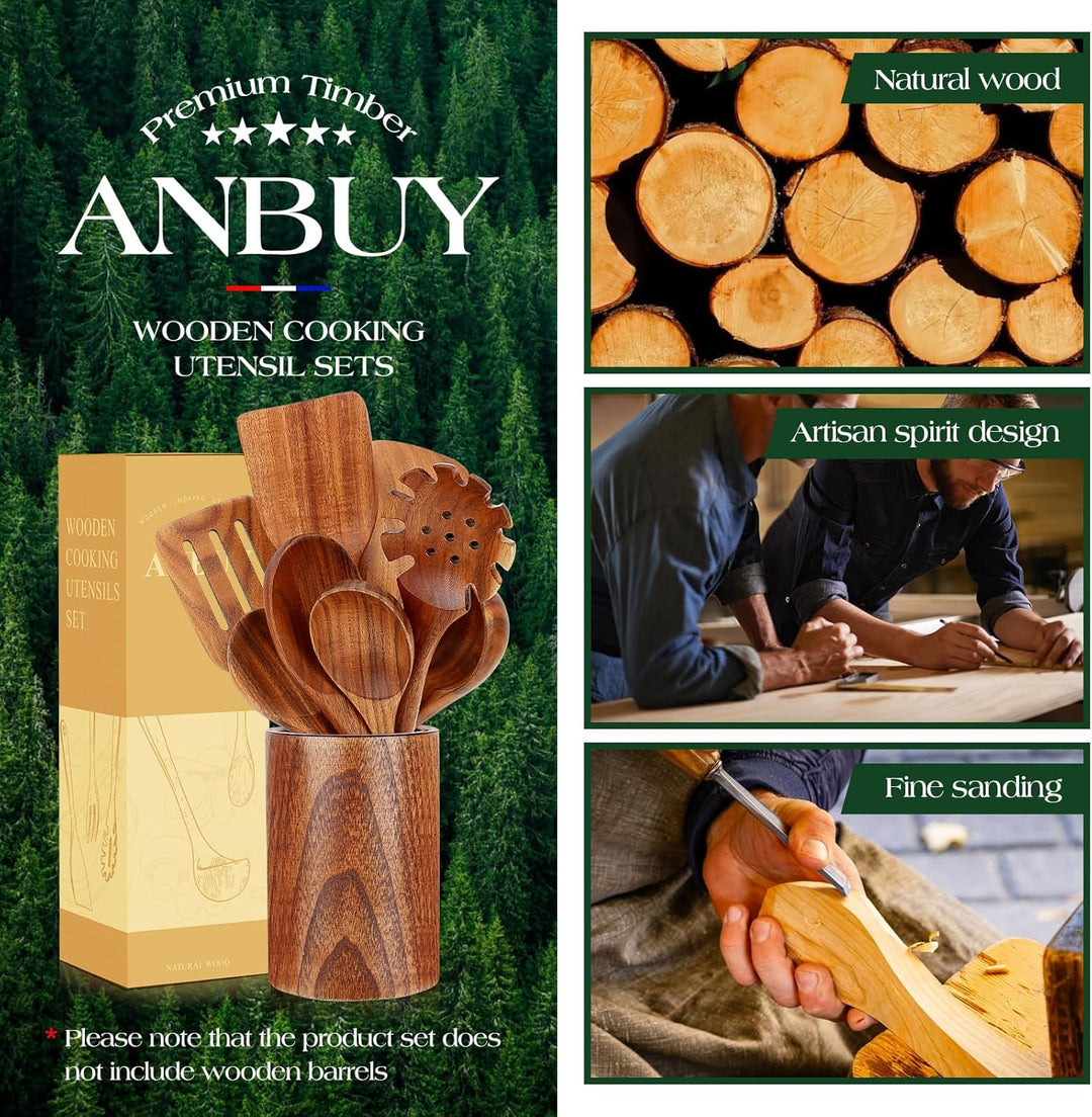 ANBUY Teakholz-Küchenutensilien-Set, hochbeständige Holzlöffel zum Kochen, antihaftbeschichtet, Koch