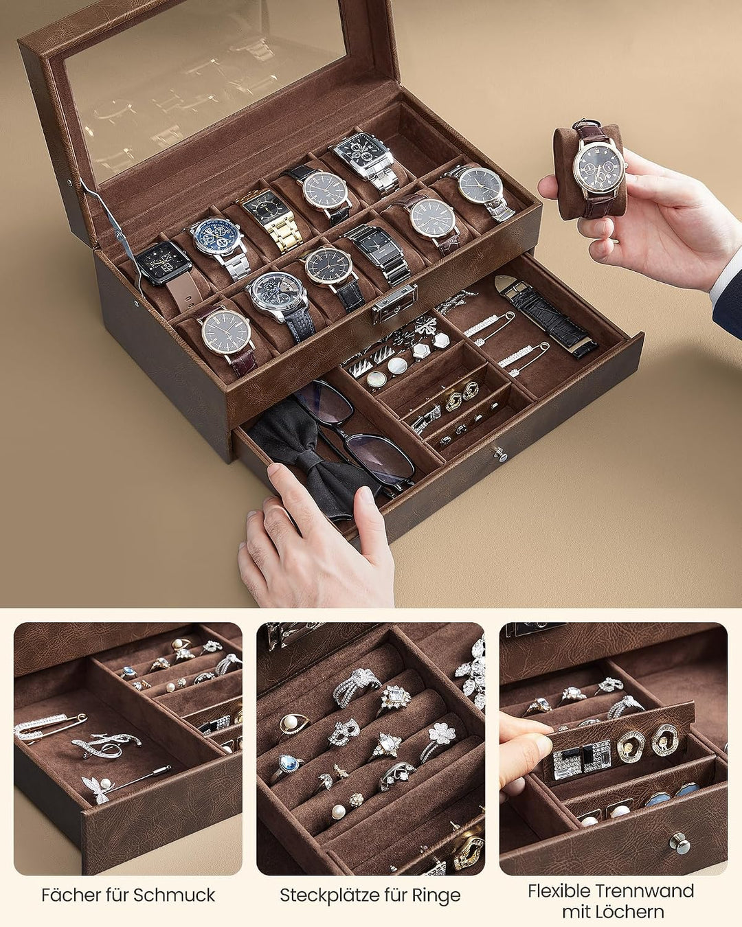 SONGMICS Uhrenbox, Uhrenkasten mit Glasdeckel, Uhrenkoffer 2 Ebenen, für 12 Uhr, abschliessbar, 1 Sc