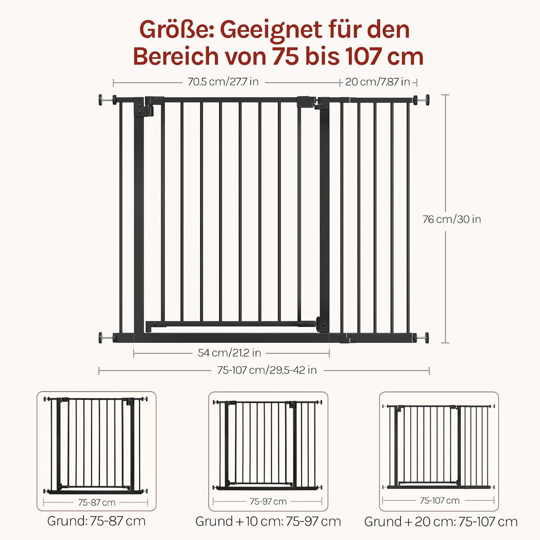 WOLTU Treppenschutzgitter, Türschutzgitter, Absperrgitter, inkl. 2 Verlängerungen von 10 cm, 75-107