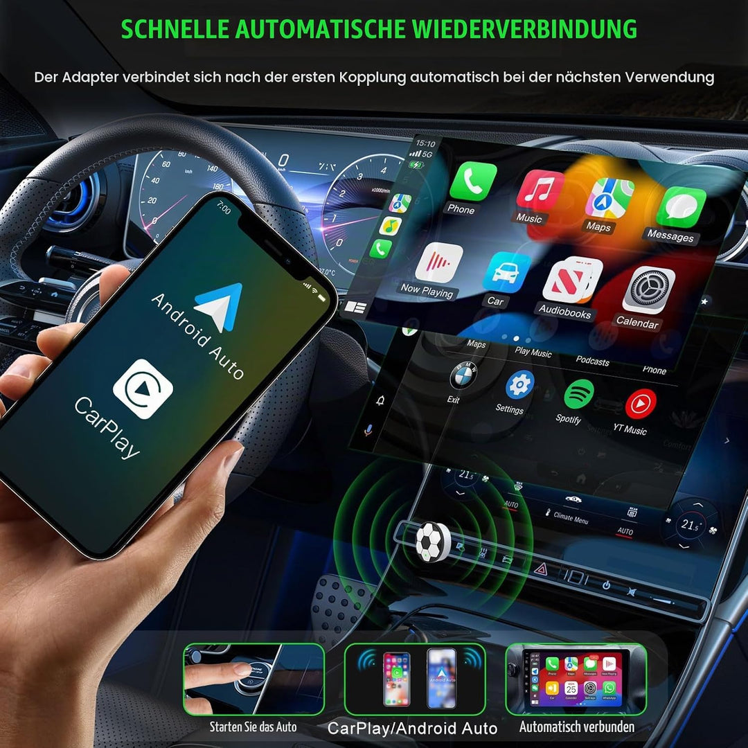 Wireless CarPlay Adapter &amp; Android Auto, Wechseln zwischen zwei Telefonen | Mini Plug &amp; Play, Schnel