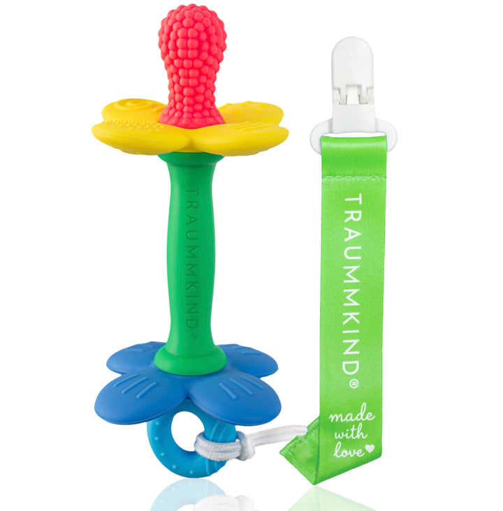 Beissring Baby Blume mit Clip – Baby Zahnungshilfe aus BPA-freiem Silikon, weich &amp; flexibel, Greifli