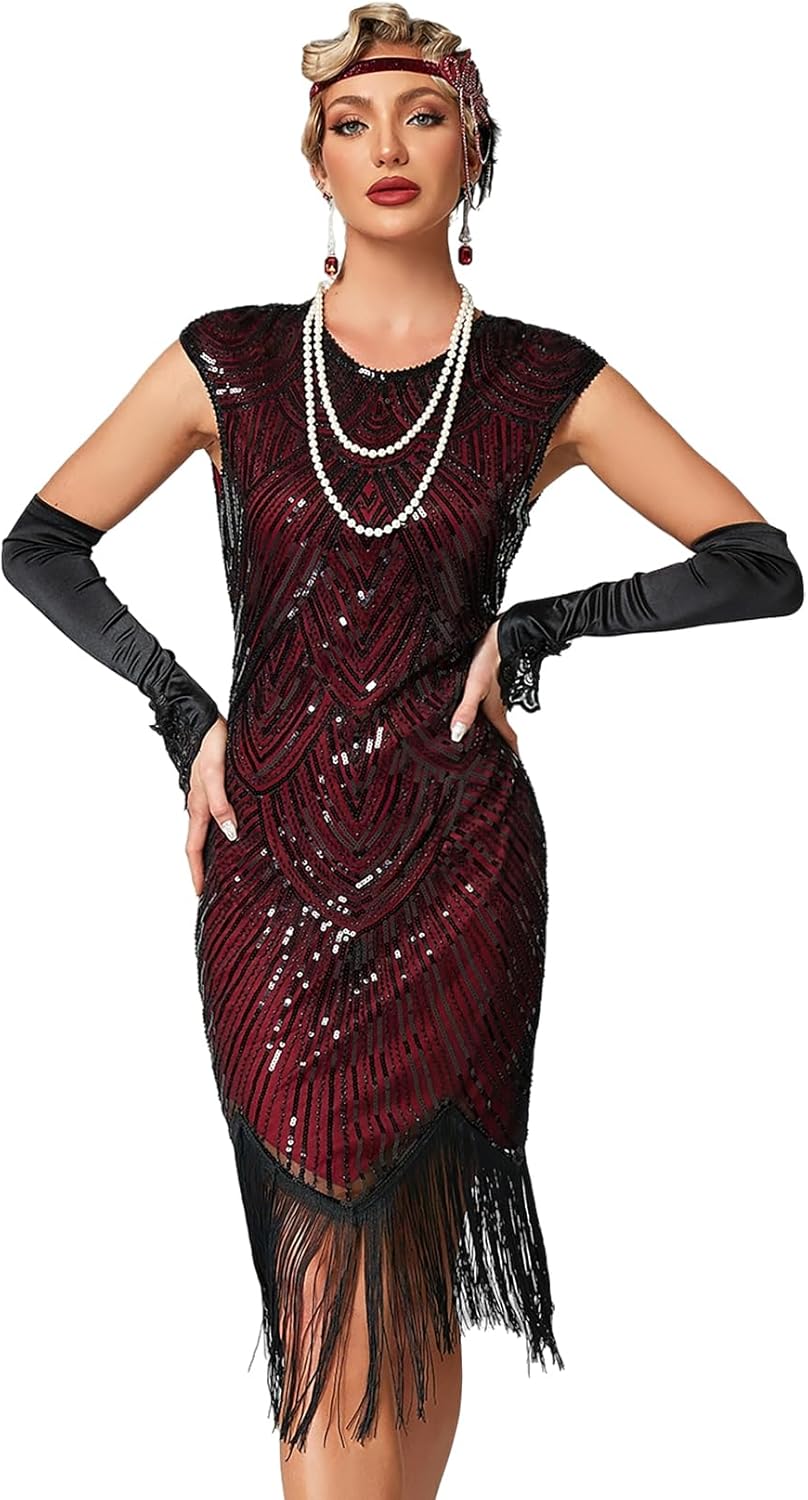 Damen Kleid voller Pailletten 20er Stil Runder Ausschnitt Inspiriert von Great Gatsby Kostüm Kleid M