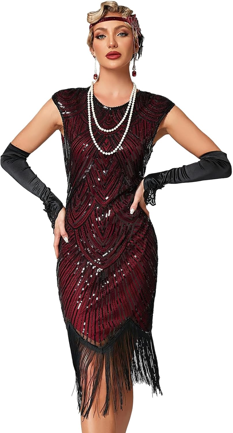 Damen Kleid voller Pailletten 20er Stil Runder Ausschnitt Inspiriert von Great Gatsby Kostüm Kleid S