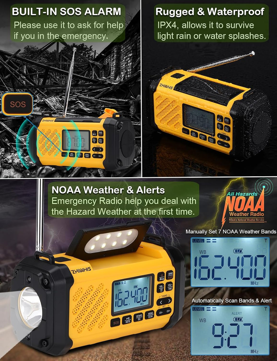 ZHIWHIS Notfall-Radio mit Bluetooth, 10000mAh FM/AM/SW/VHF/NOAA Wetterradios mit Warnungen, Handkurb