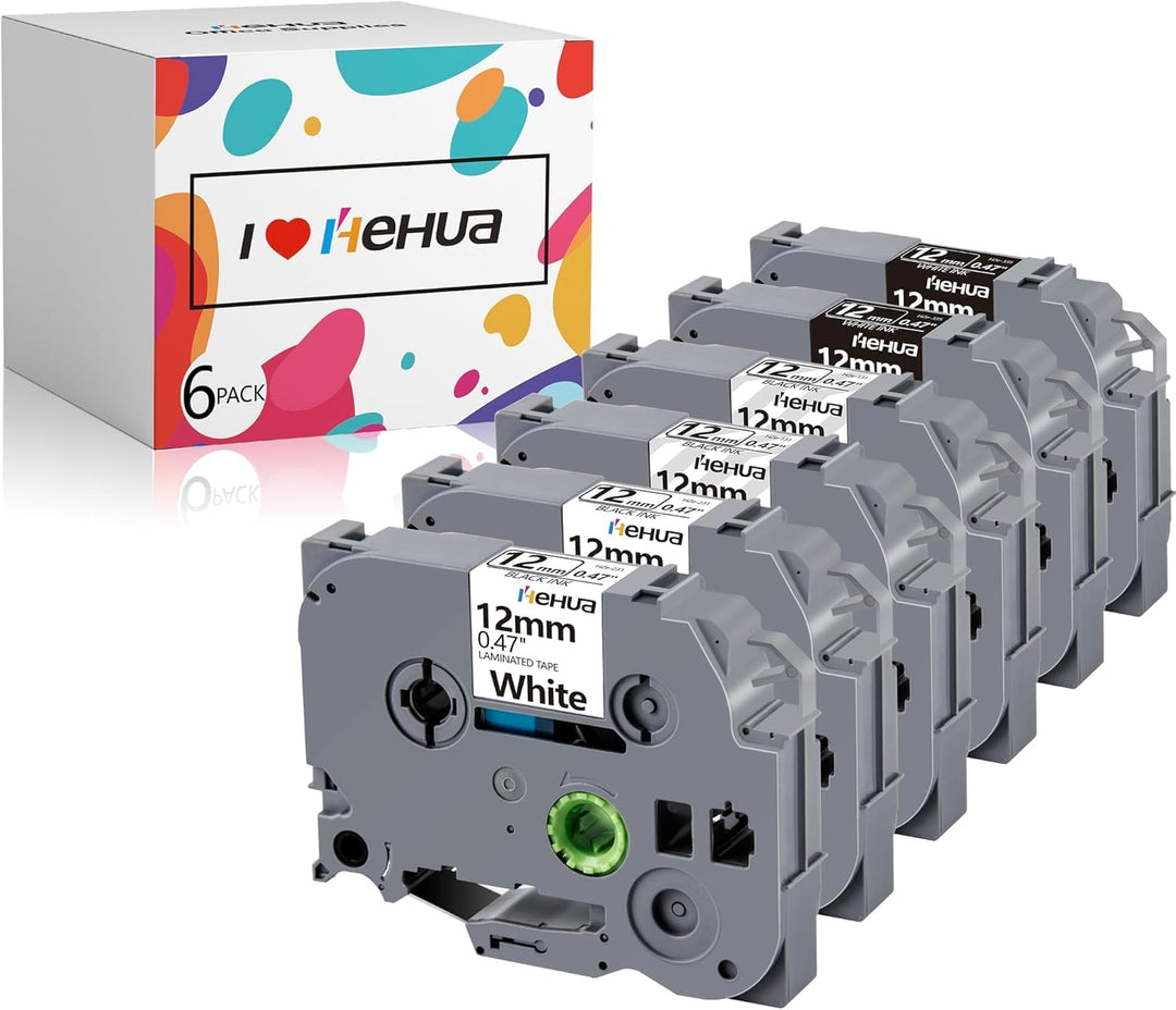 6x Hehua Kompatibel mit Brother P Touch Schriftband 12mm TZe131 TZe-231 TZe335, TZ Tape cassette 12m