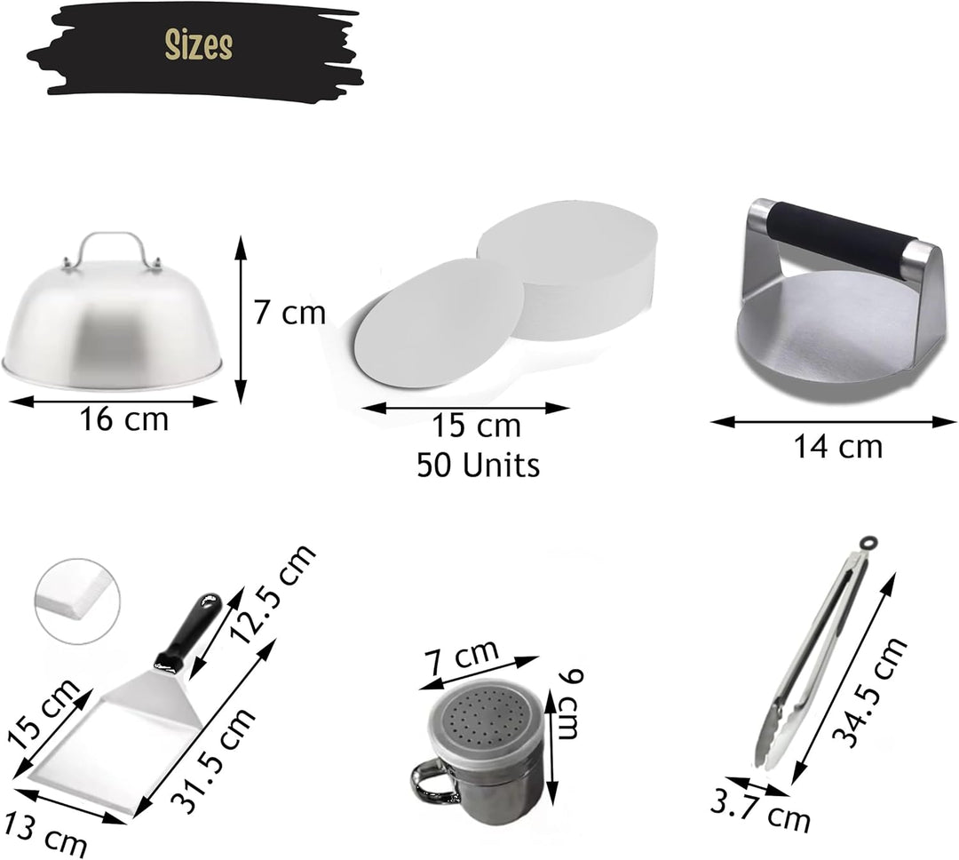 Smash Burgerpresse Edelstahl Set, Burgerpresse, Grillzange BBQ, Schmelzhaube Begiessdeckel, Burgerwe