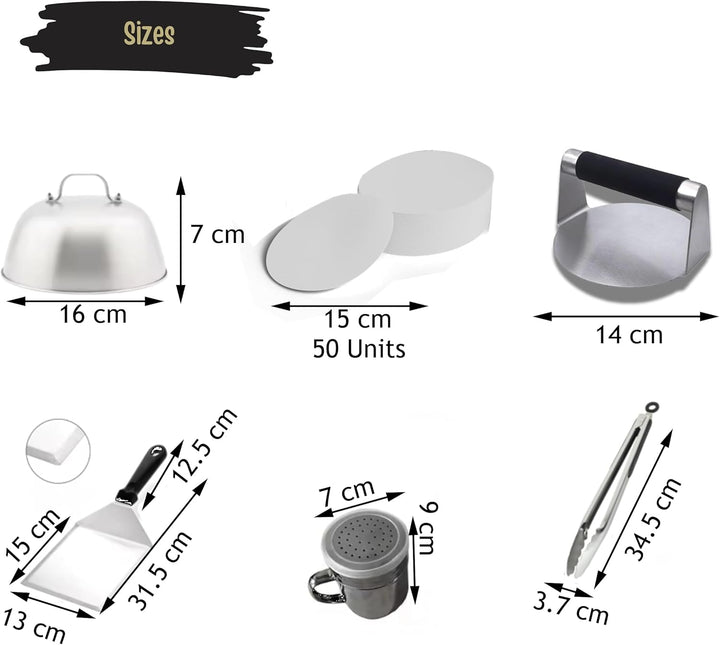 Smash Burgerpresse Edelstahl Set, Burgerpresse, Grillzange BBQ, Schmelzhaube Begiessdeckel, Burgerwe
