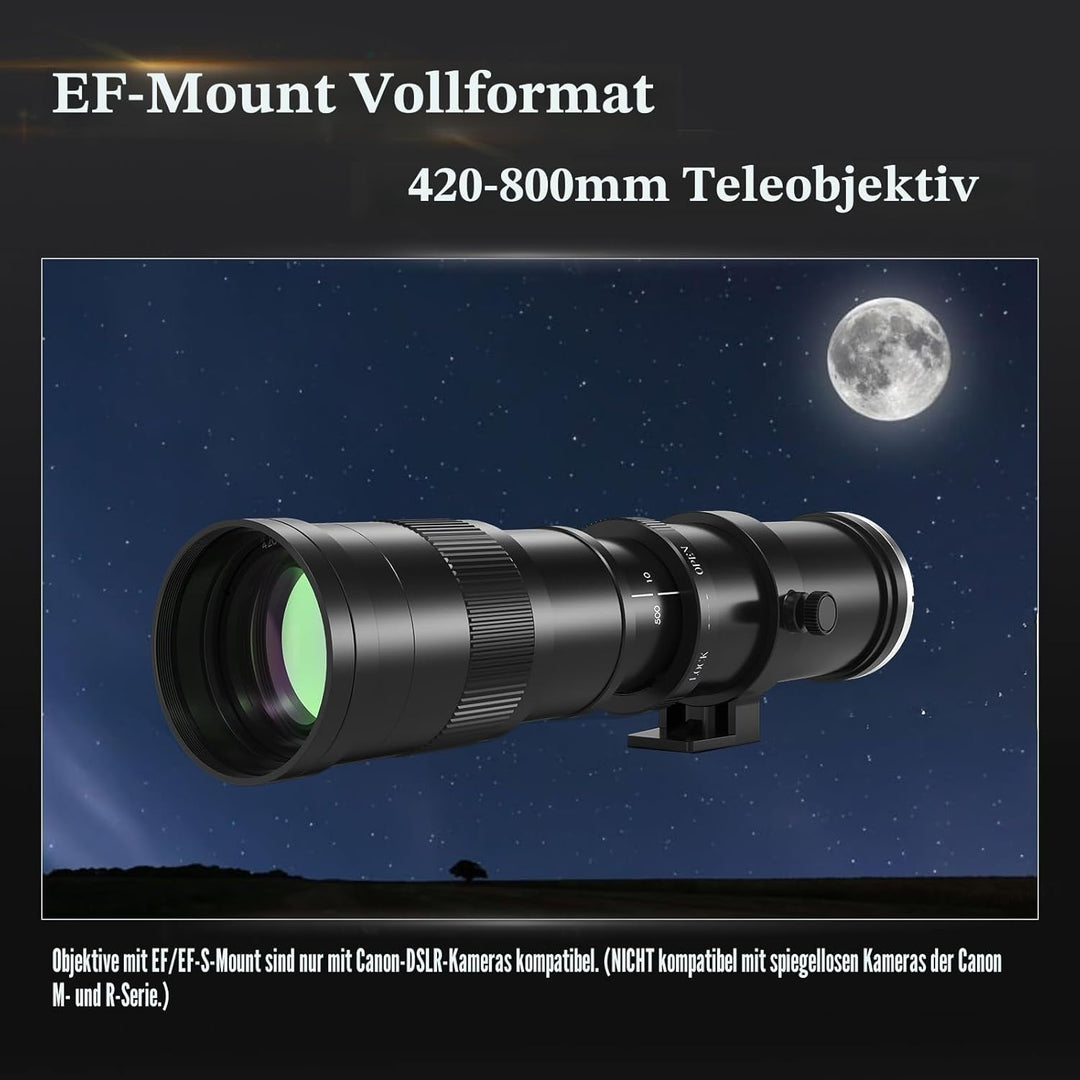 BENOISON Teleobjektiv 420-800mm, EF Objektiv für Canon DSLR, Manueller Fokus MF Zoom Objektiv für Ca