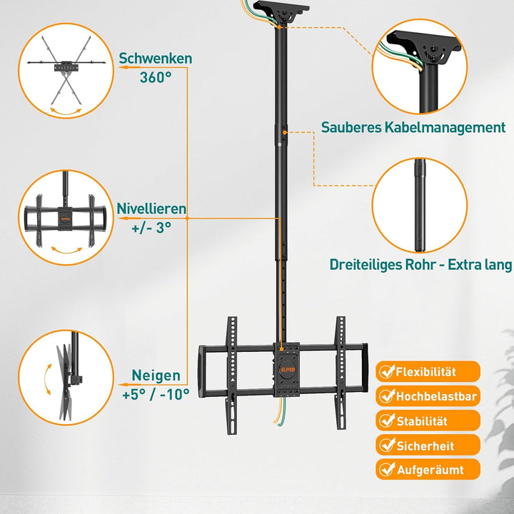 ELIVED TV Deckenhalterung für die meisten 37-75 Zoll Flach & Curved Fernseher bis zu 50KG, max. VESA