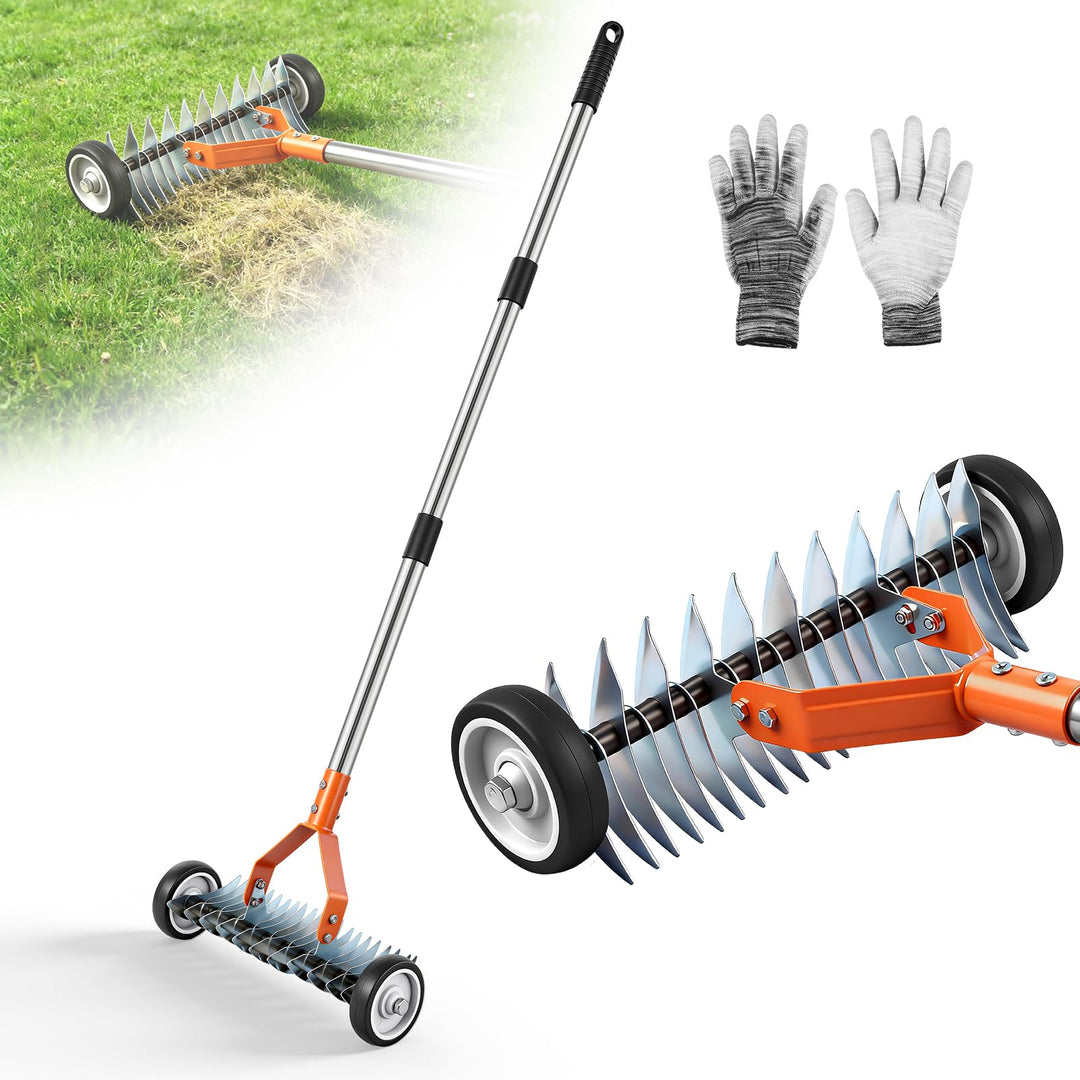 Viugreum 170cm Handvertikutierer mit Rollen, Vertikutierer Rechen mit Stiel, Metall Schneidrechen Ga