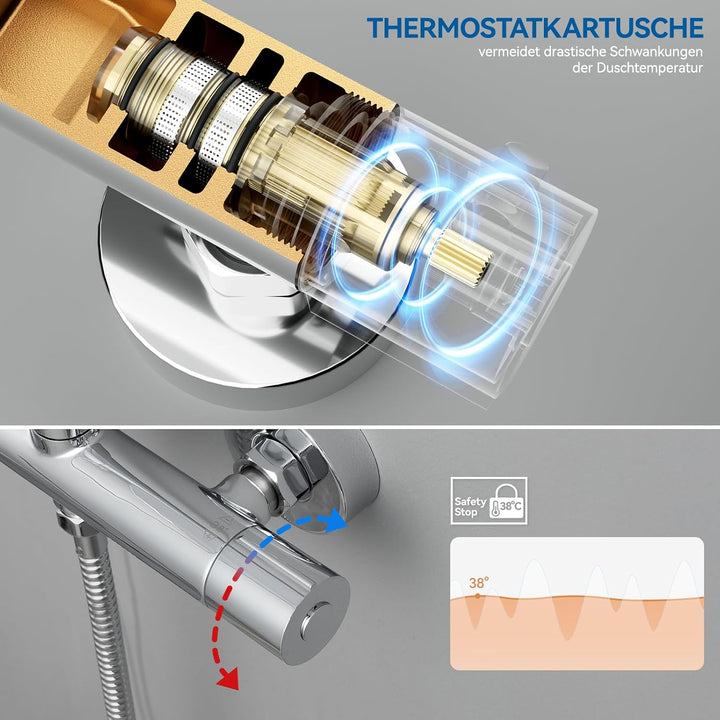 Auralum Duscharmatur Komplettset, Duschsystem mit Thermostat, 30cm Edelstahl Regendusche, 5 Strahlar