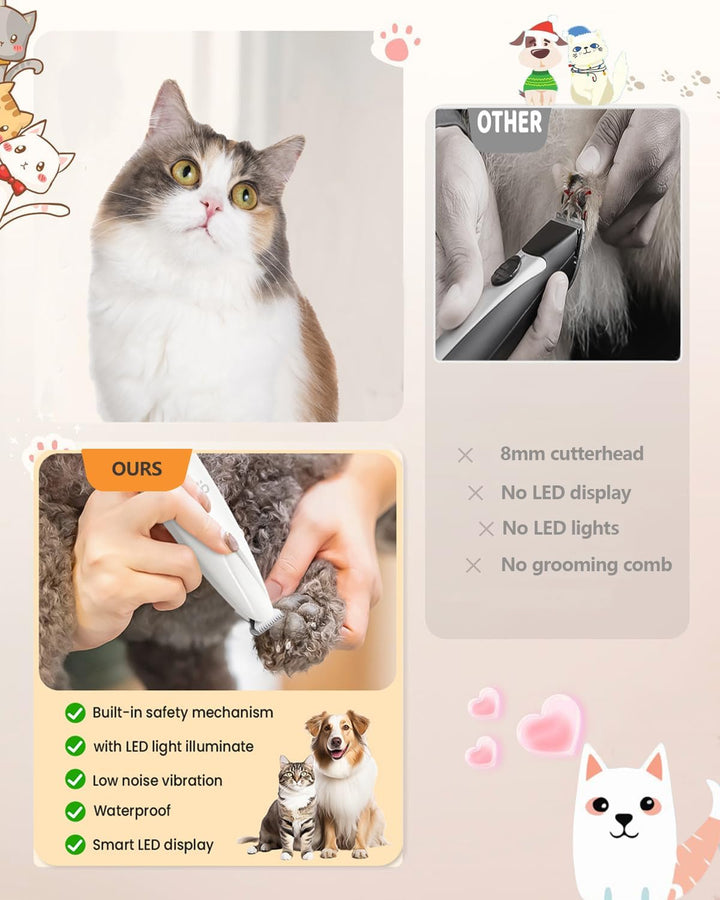 PawTrim Pro, LOEVERY Superleise/Wiederaufladbarer Pfotentrimmer,Hundepfoten Trimmer mit LED-Licht,US