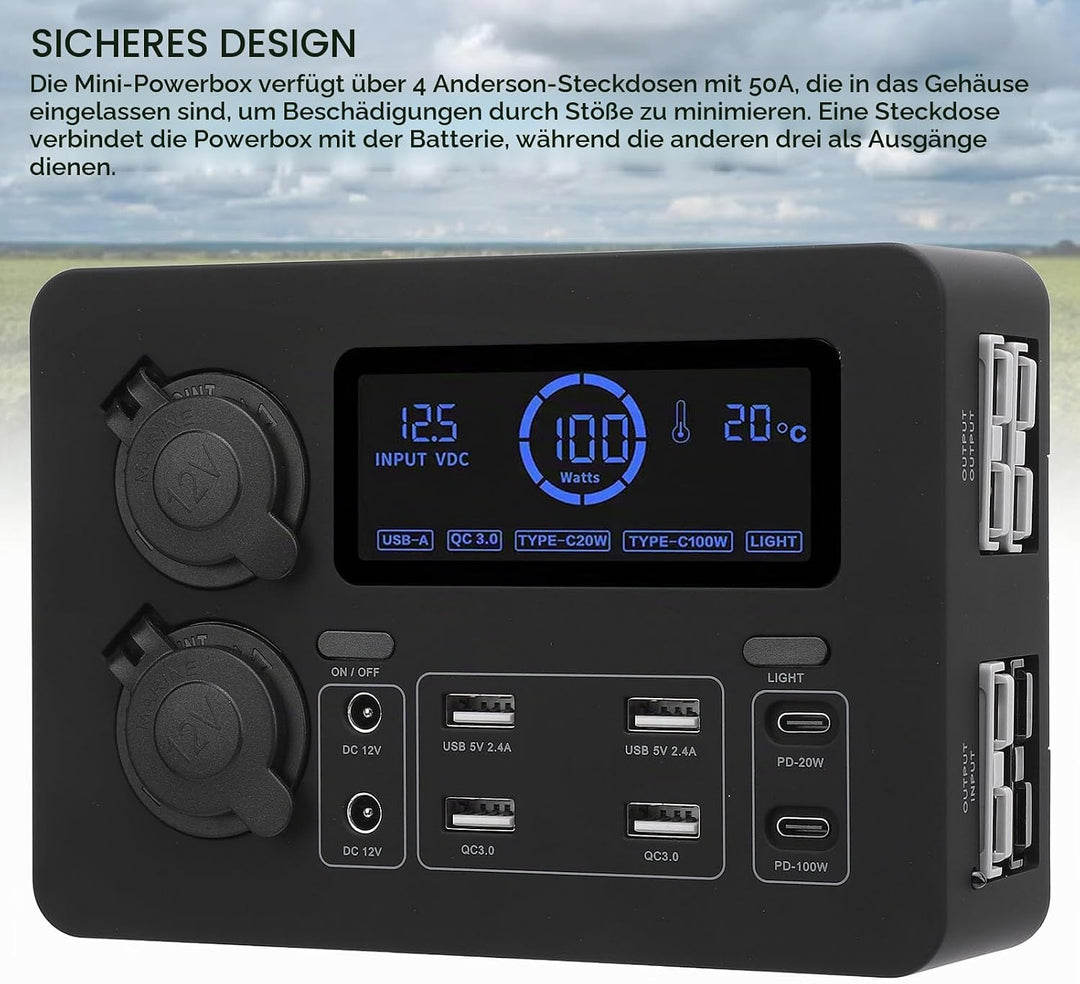 12 V Mini Power Box, 100W LCD -Display USB C QC3.0 Port für 4 Anderson Outlet Multifunktionale Leist