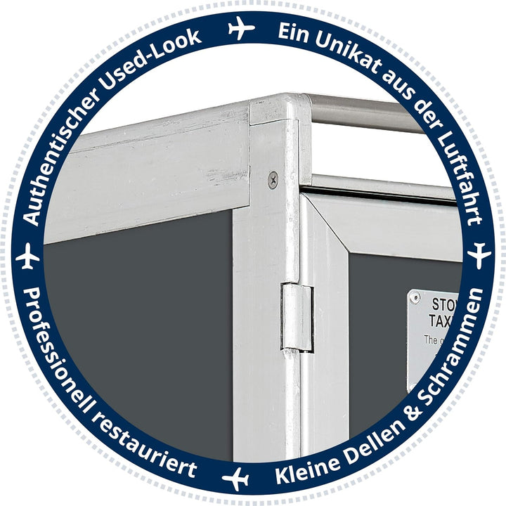 Flugzeugtrolley Weltkarte Airlinegrau (Glastür & neue Rollen), Gebrauchtes Original aus der Luftfahr