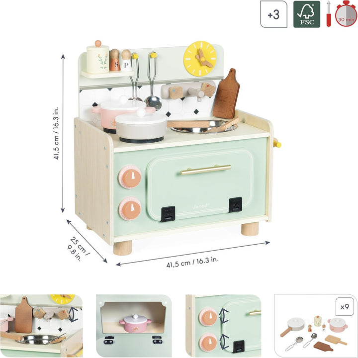 Janod - Holzküchenzeile für Kinder - Kleine Kinderküche - Ausgestattet mit Backofen, Spüle und 10 Zu