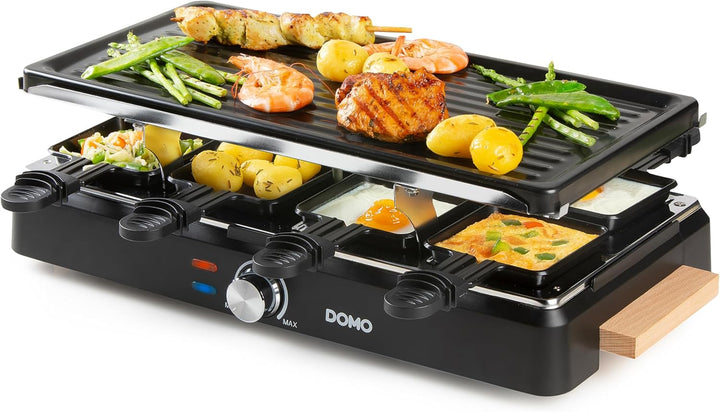 DOMO DO9262G Steingrill/Raclette-Grill - Wooden Design - Inklusive Raclettepfännchen und Holzspatel