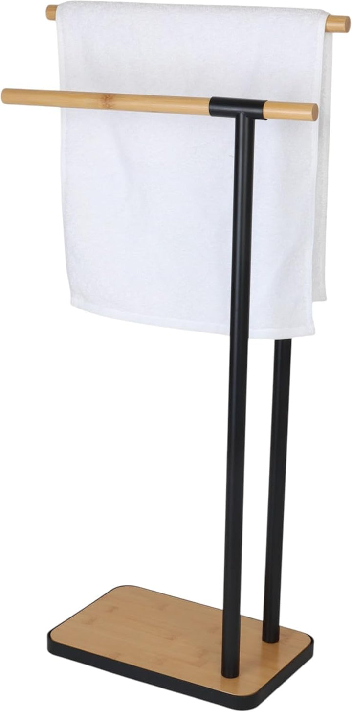 Relaxdays Handtuchhalter stehend, Handtuchständer mit 2 Stangen, für Hand- & Badetücher, Stahl & Bam