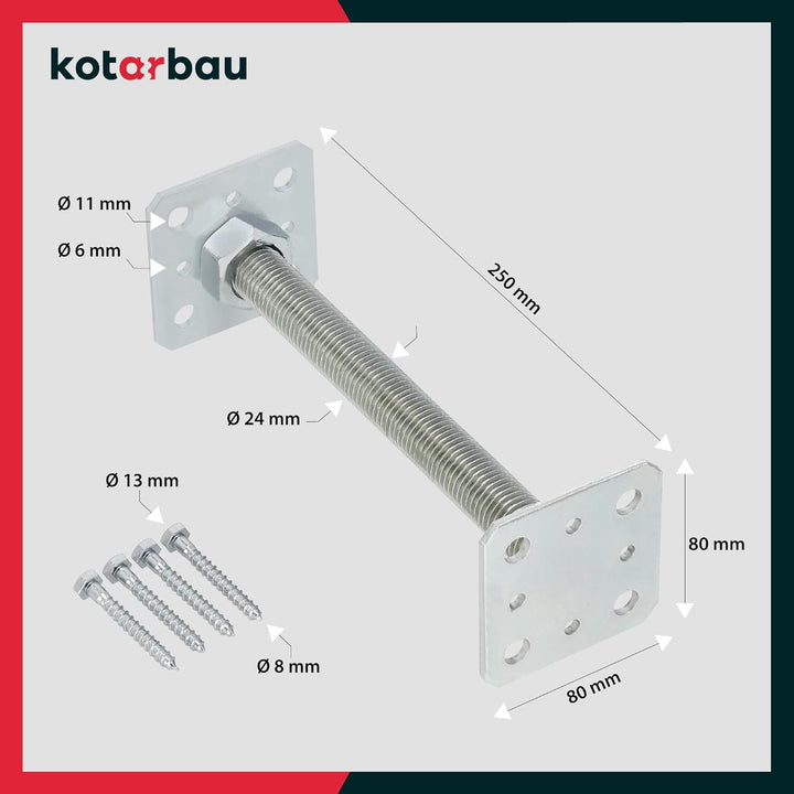 KOTARBAU® 4er Set Pfostenträger Höhenverstellbar - Montagestütze – 80 x 80 x 250 mm - Balkenschuh -